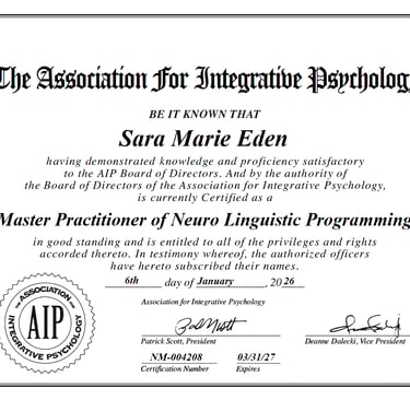 Association For Integrative Psychology Master Practitioner of NLP certificate issued to Sara Eden.