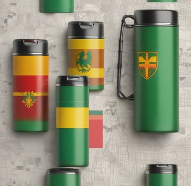 A friendly barista handing a coffee in a reusable thermos to a smiling customer outside a cozy coffee shop.