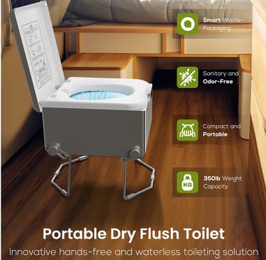 Shows the dry flush waterless toilet in a home.