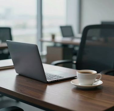 A focused shot of a modern workspace in a Southeast Asian / Indonesian professional setting. A slim laptop and a ceramic cup of coffee sit on a polished dark wood desk. In the background, a blurred view of a bright office. Mood is quiet competence and professional elegance. Colors: slate blue and off-white mist.