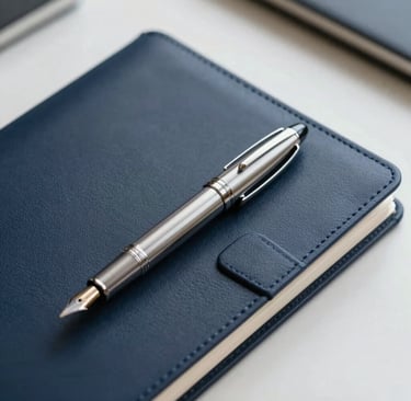 A close-up, high-angle photograph of a professional silver fountain pen resting on a dark navy blue leather planner. The setting is a minimalist office in a Southeast Asian / Indonesian corporate district. Soft, elegant lighting highlights the metallic texture. Colors: dark navy blue and off-white.
