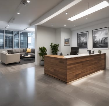 A welcoming office desk with a phone, notebook, and a small plant, ready to assist clients.
