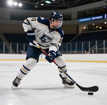 A high-action photograph capturing a hockey player mid-slapshot on a bright, professional collegiate rink, vibrant jerseys in navy blue and off-white, dramatic overhead lighting, North American / US Southern venue.