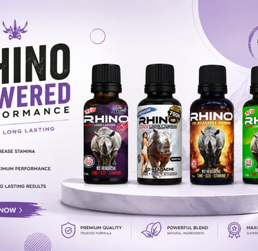 Rhino Powered performance male enhancement liquid shots in various formulas for stamina and energy.