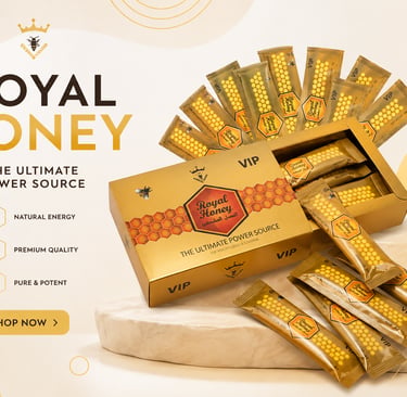 Box and individual sachets of VIP Royal Honey natural energy supplement for vitality and stamina.