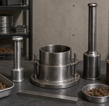 Molde, pisón y muestra de suelo preparados para un ensayo de compactación Proctor en laboratorio.