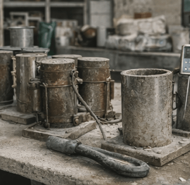Moldes metálicos cilíndricos y accesorios para preparación de probetas de hormigón.