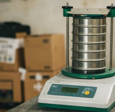 Tamices y accesorios para análisis granulométrico en laboratorio de suelos.