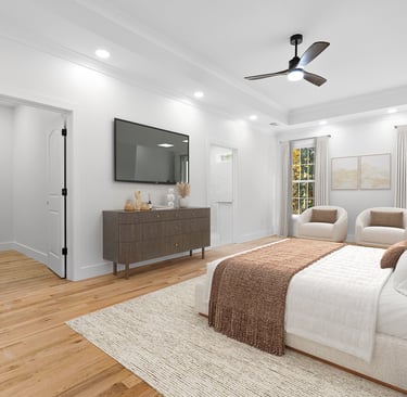 Cozy bedroom with modern design, soft lighting, clean lines, and warm finishes for comfort, elegance