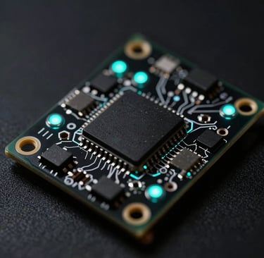 Close-up macro shot of a custom PCB board with glowing electric cyan status LEDs, sharp edge-lighting, dark obsidian background, high-contrast technical details.