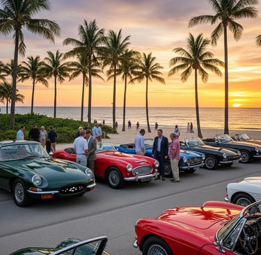 a car show of vintage British cars and people on the beach with palm trees.