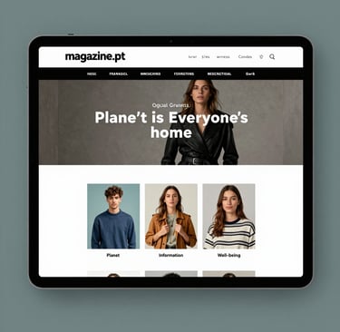 Tablet displaying a fashion magazine website homepage with a model in a leather coat and lifestyle categories.