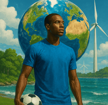 A soccer player holds a ball before a globe and wind turbine for One Planet One Health sustainability.
