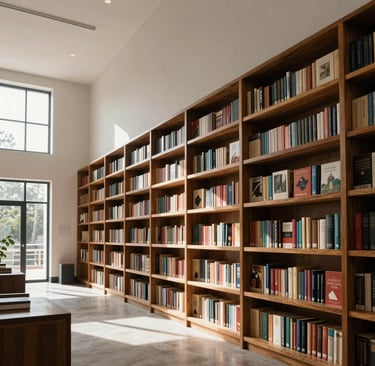 A sophisticated South American cultural center interior with high ceilings and large windows. Sunlight illuminates elegant wooden shelves filled with art books. The scene is calm and intellectually stimulating, featuring a palette of off-white and warm grey.