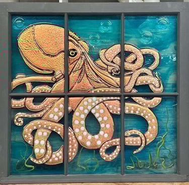 a picture of a window with a octopus in the middle