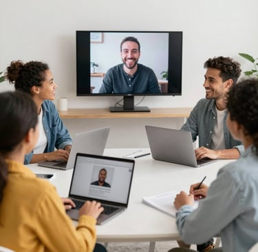 A group of diverse learners sharing smiles during a live language lesson.