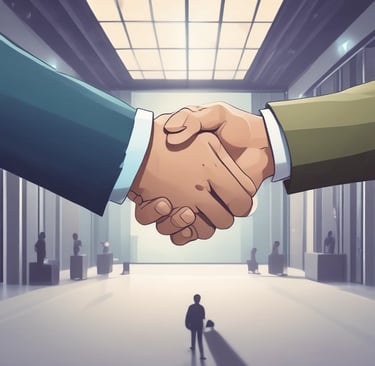 Professional business handshake in a bright office gallery symbolizing a successful corporate deal.