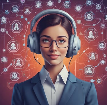 A customer service representative wearing a headset against a digital network background of communication icons.