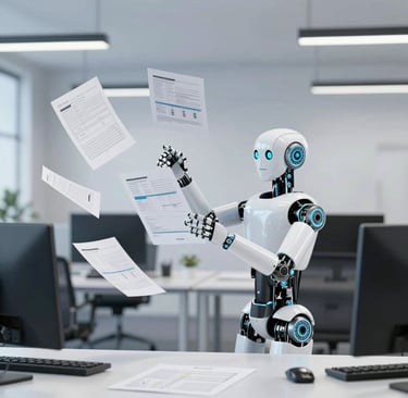 White humanoid AI robot processing floating paper documents in a modern office automation setting.