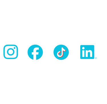 Light blue social media icons for Instagram, Facebook, TikTok, and LinkedIn on a white background.
