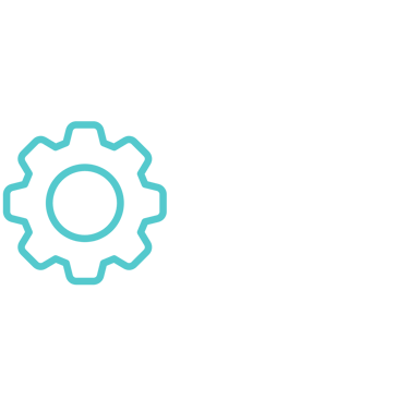 Turquoise blue line art icon of a mechanical gear representing settings, tools, and technical configuration.