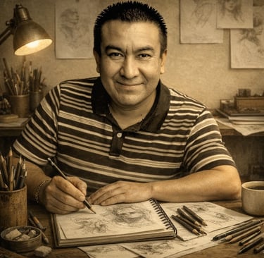 Francisco Carbajal, artista de retratos realistas a grafito en su estudio de Morelia, México