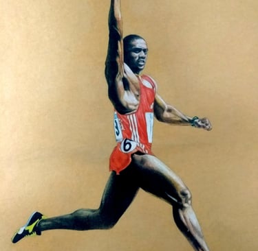Retrato realista de atleta Ben Johnson en plena carrera, dibujo a pastel sobre papel marquilla