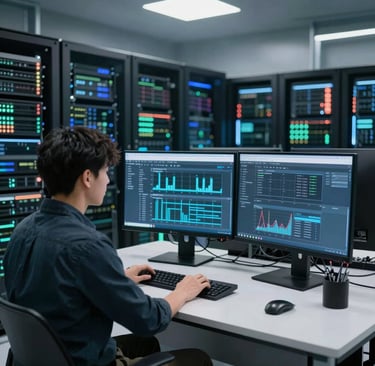 Technicians carefully inspecting liquid cooling pipes surrounded by lush greenery visible through large windows.