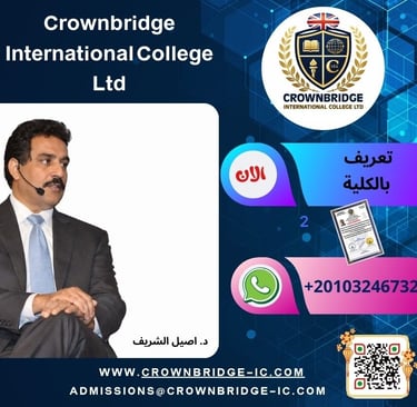 Dr. Aseel Al-Sharif presenting for Crownbridge International College with contact details and QR code.