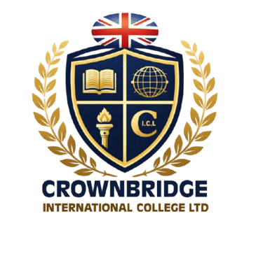 Crownbridge International College Ltd logo featuring a crest with a book, globe, and torch symbols.