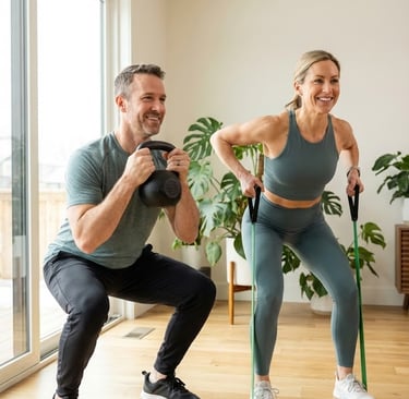 A smiling couple doing home workouts with a kettlebell and resistance bands in a bright living room.