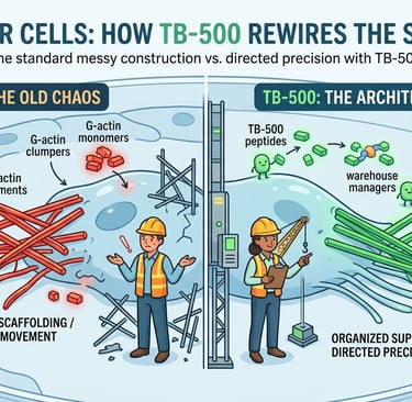 Diagram comparing chaotic G-actin monomers to organized TB-500 peptide directed F-actin filament repair.
