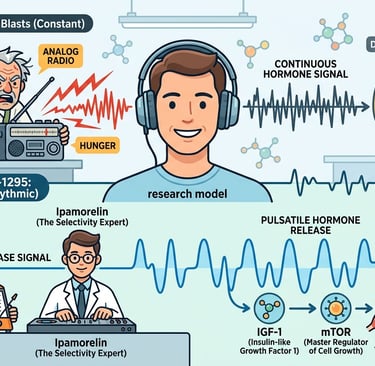 Diagram comparing old generation peptides with the Ipamorelin and CJC-1295 blend for pulsatile hormone release.