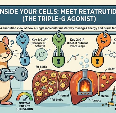 Diagram showing Retatrutide triple-G agonist mechanism for weight loss and liver health in a lab mouse model.