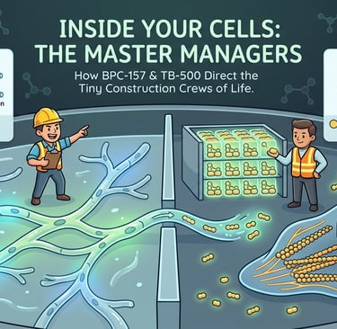 Diagram showing how BPC-157 and TB-500 peptides regulate cell movement, network formation, and F-actin assembly.