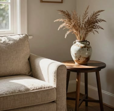 A sun-drenched cozy corner of a vintage-inspired living room in a North American home. A light beige linen armchair sits next to a dark wood side table with a vintage ceramic vase holding delicate dried grasses, evoking a warm, curated atmosphere.