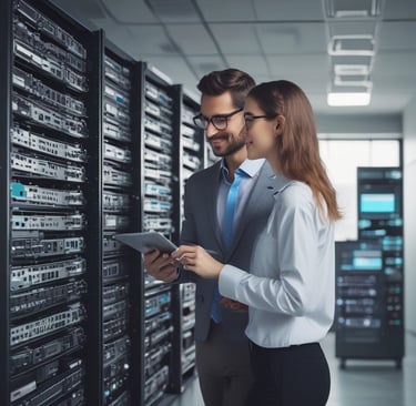 A friendly technician assisting a client with network setup in a modern office environment.