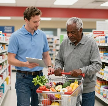 A caregiver assisting an older adult with a tablet, smiling as they navigate technology together.