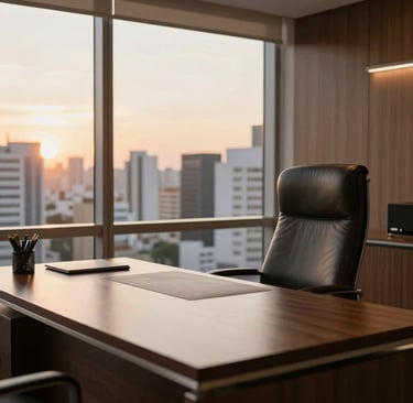 A high-end law office desk with a leather chair and a window view of a Brazilian cityscape, illuminated by soft golden light from the sunset.
