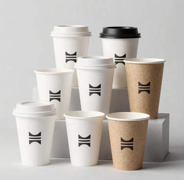 A variety of custom printed paper pots arranged in a bright studio setting.