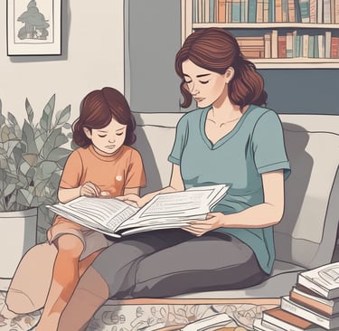 An illustration of a mother reading a parenting guide while her child plays quietly nearby.