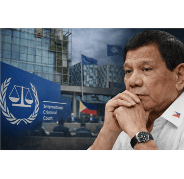 Rodrigo Duterte pictured alongside the International Criminal Court logo and building in The Hague.