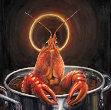 Acrylic painting of a haloed crawfish in a boiling pot, titled Blessed Boil.
