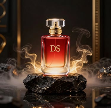 Rotating 3D model of a ds aroma perfume bottle with subtle fragrance particle animations.