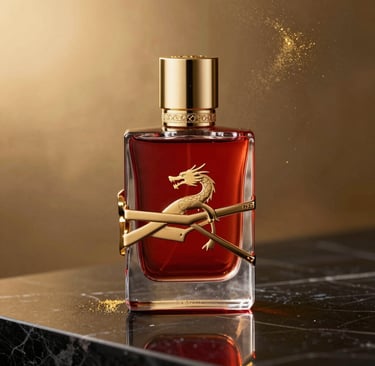 A sleek 3D-rendered ds aroma perfume bottle glowing softly against a dark background with gold accents.