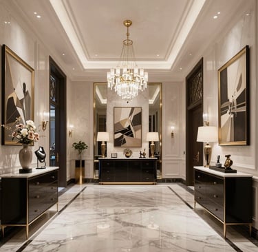 Sunlit grand foyer of a high-end home featuring gold accents and soft eucalyptus green decor.