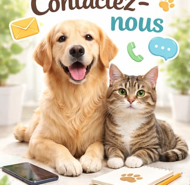 Illustration promotionnelle montrant un Golden Retriever souriant et un chat tigré assis côte à côte