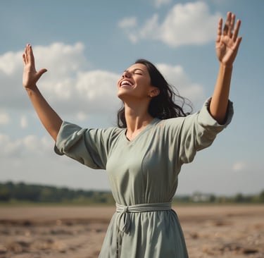 A young woman smiling softly while reading a devotional in a minimalist, bright room.
