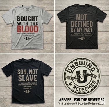 Christian graphic t-shirts with Bible verses on wood background for faith-based apparel.
