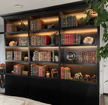 Custom black built-in bookcase with integrated lighting and lower cabinets in a Monmouth County NJ h